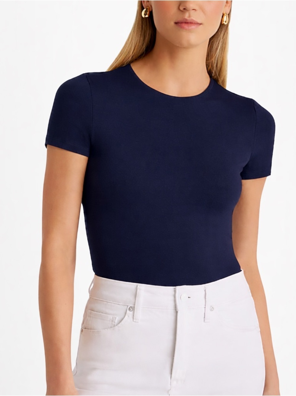 Express Navy Short Sleeve Crewneck Body Contour Collection Top